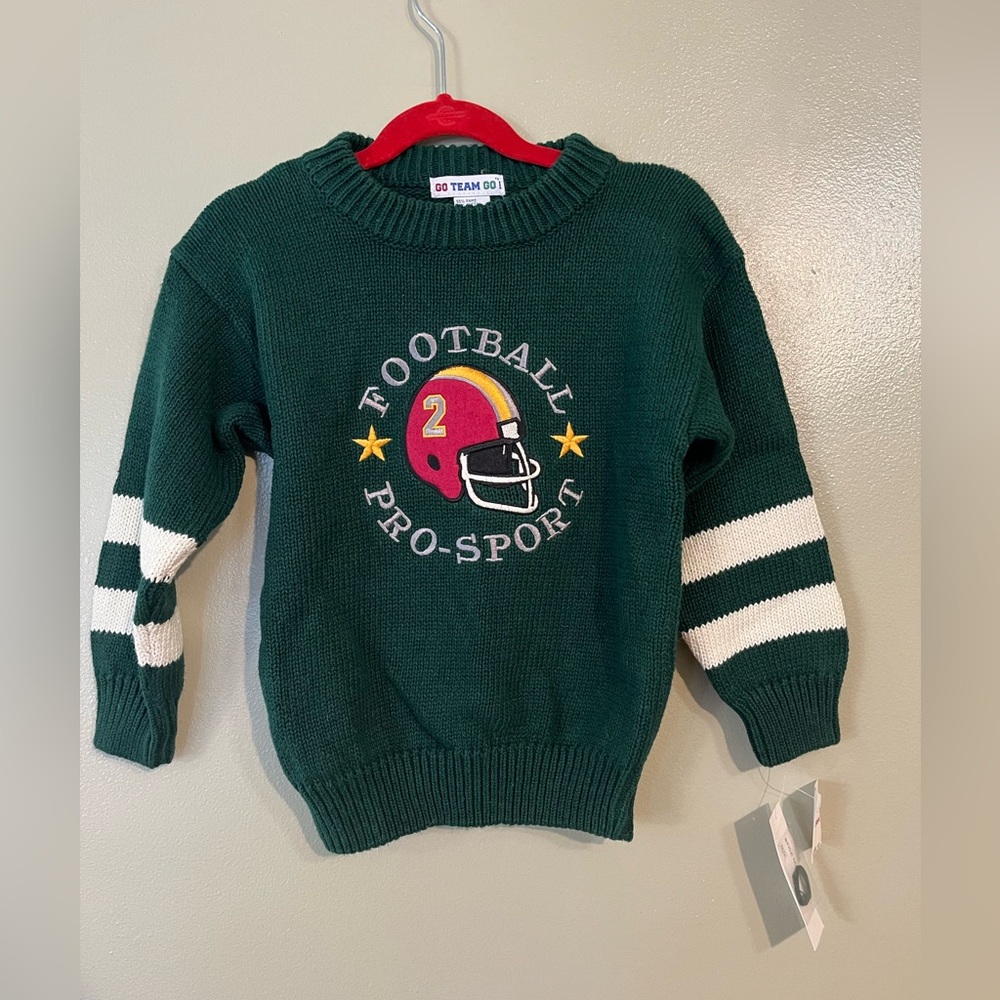 Go Team Go Vintage Boy Green Knit football Sweater Size L NWT